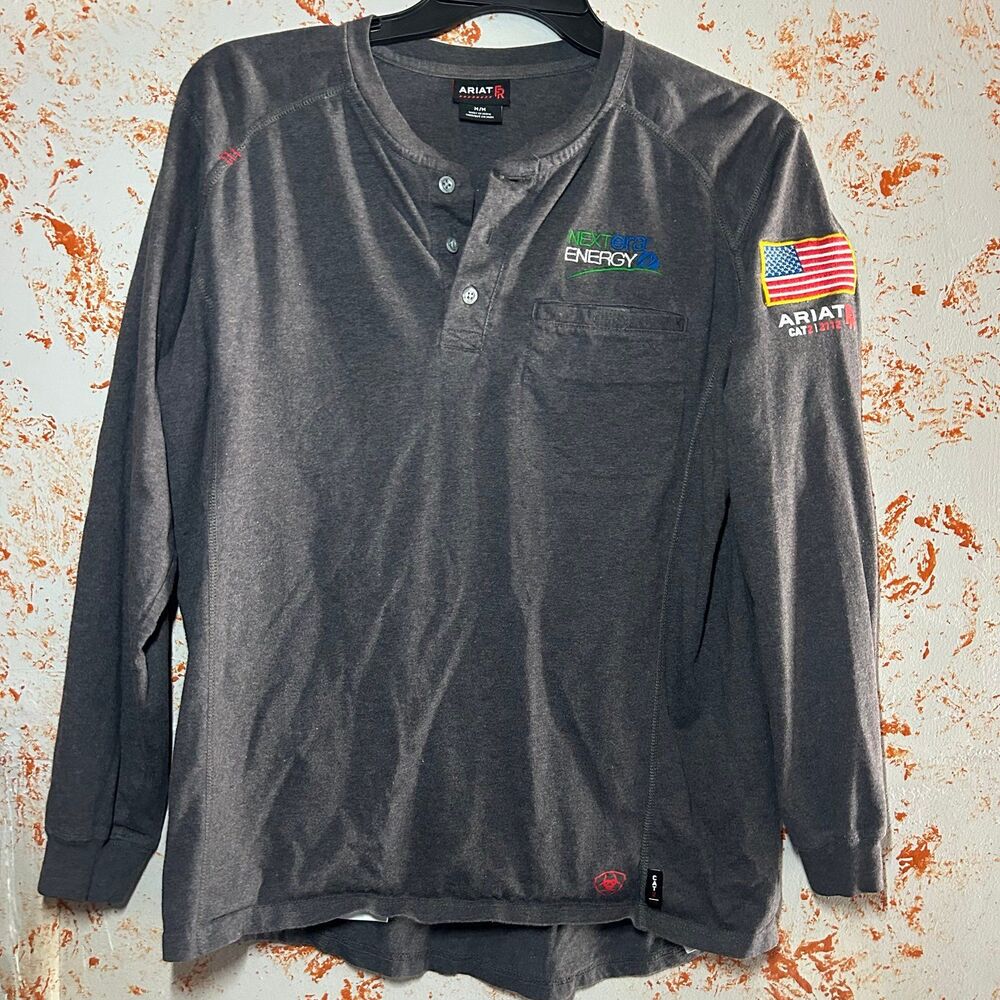 Ariat FR Air Henley Men’s M Gray CAT2 Flame Resistant NextEra Energy USA Flag LS